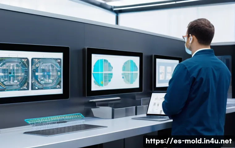 금형설계기능사 실무 활용 사례 - A highly detailed scene of an advanced mold design process in a modern industrial workshop, showcasi...