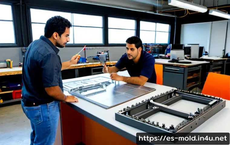 금형설계 실무에서 협업의 중요성 - Photorealistic industrial design office, three Hispanic mold design engineers collaborating around a...